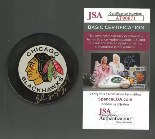 ED BELFOUR SIGNED CHICAGO BLACKHAWKS OFFICIAL EARLY BETTMAN GAME PUCK JSA COA COLLECTIBLE MEMORABILIA