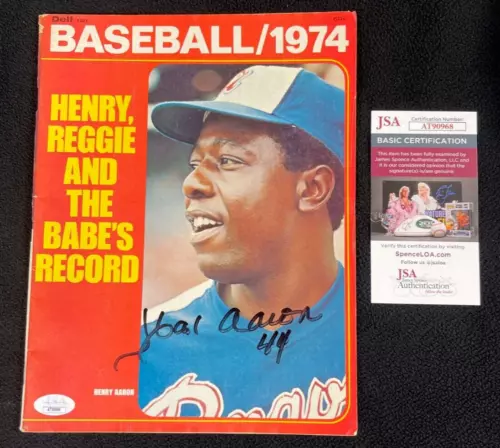 HANK AARON SIGNED ATLANTA BRAVES BASEBALL 1974 MAGAZINE JSA COA COLLECTIBLE MEMORABILIA