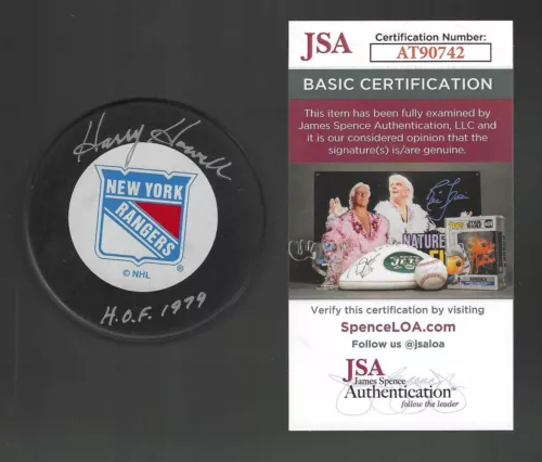 HARRY HOWELL SIGNED & INSCRIBED NEW YORK RANGERS TRENCH PUCK JSA COA COLLECTIBLE MEMORABILIA