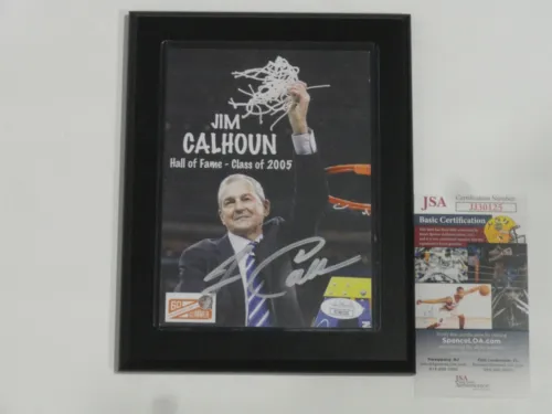 JIM CALHOUN SIGNED 5x7 PLAQUE UCONN HUSKIES AUTOGRAPHED HOF JSA COA