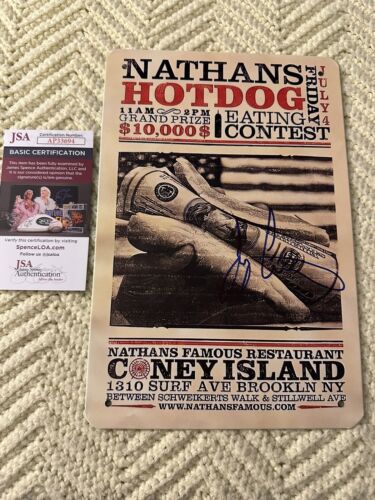 JOEY CHESTNUT SIGNED NATHAN’S HOT DOG CONTEST METAL SIGN JSA AUTHENTICATION COA COLLECTIBLE MEMORABILIA