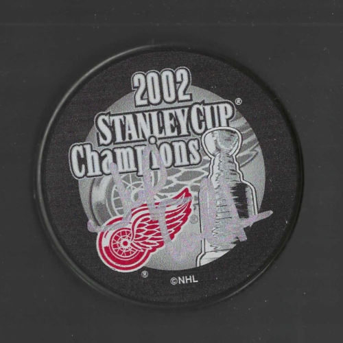 JOHN WHARTON SIGNED DETROIT RED WINGS 2002 STANLEY CUP CHAMPIONS PUCK COLLECTIBLE MEMORABILIA