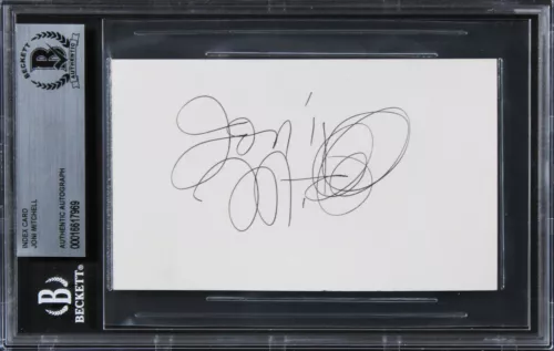 JONI MITCHELL MUSICIAN AUTHENTIC SIGNED 3×5 INDEX CARD W BLACK SIG BAS SLABBED 2 COLLECTIBLE MEMORABILIA