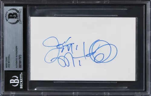JONI MITCHELL MUSICIAN AUTHENTIC SIGNED 3×5 INDEX CARD W/ BLUE SIG BAS SLABBED 1 COLLECTIBLE MEMORABILIA