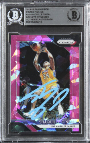 LAKERS SHAQUILLE O’NEAL SIGNED 2018 PANINI PRIZM PINK ICE #35 CARD BAS SLABBED COLLECTIBLE MEMORABILIA