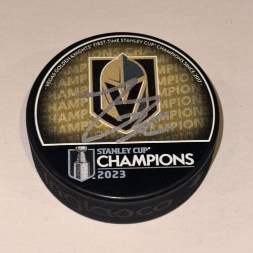 LOGAN THOMPSON SIGNED KNIGHTS 2023 STANLEY CUP CHAMPS PUCK BECKETT AUTH. BAS COLLECTIBLE MEMORABILIA