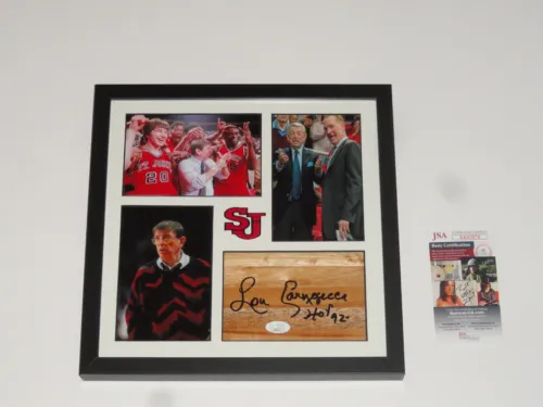 LOU CARNESECCA SIGNED FRAMED FLOORBOARD COLLAGE ST. JOHNS RED STORM HOF JSA COA COLLECTIBLE MEMORABILIA