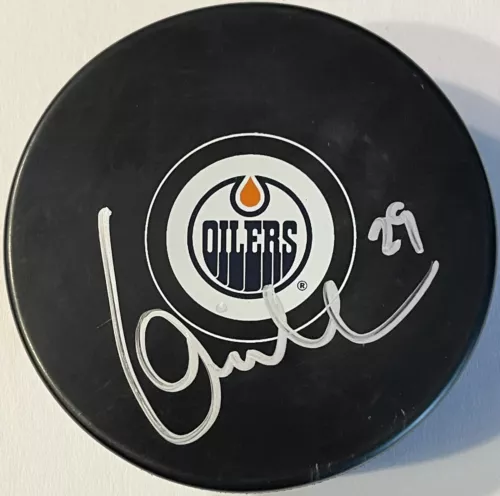 LOUIS DEBRUSK SIGNED AUTOGRAPHED EDMONTON OILERS LOGO HOCKEY PUCK PSA/DNA COLLECTIBLE MEMORABILIA