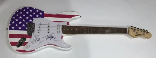 MIKE LOVE AL JARDINE SIGNED USA FLAG ELECTRIC GUITAR THE BEACH BOYS JSA COA COLLECTIBLE MEMORABILIA