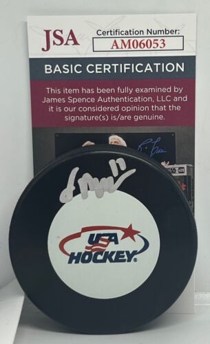 OLIVER MOORE CHICAGO BLACKHAWKS SIGNED TEAM USA PUCK AUTOGRAPHED JSA COLLECTIBLE MEMORABILIA