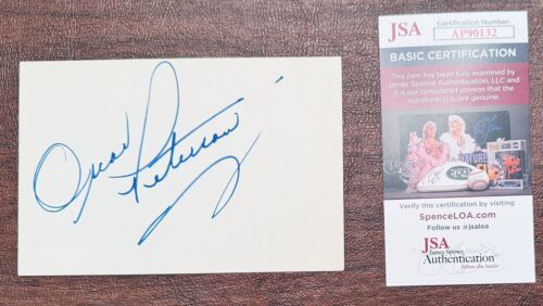 OSCAR PETERSON SIGNED AUTOGRAPHED 4×6 CARD JSA CERTIFIED JAZZ MUSICIAN COLLECTIBLE MEMORABILIA