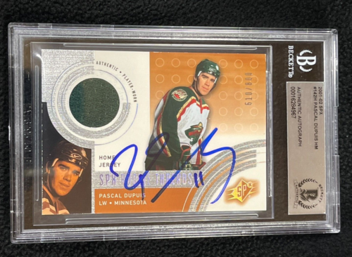 PASCAL DUPUIS SIGNED 2001/02 SPX ROOKIE THREADS CARD #142 BAS CERTIFIED COLLECTIBLE MEMORABILIA