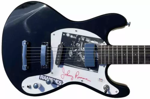 PSA/DNA JOHNNY RAMONE SIGNED BLACK MOSRITE VENTURES SOLID BODY GUITAR RAMONES COLLECTIBLE MEMORABILIA