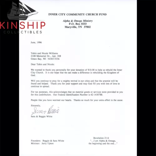 REGGIE WHITE SIGNED TYPED CHURCH LETTER JSA COA EAGLES PACKERS HOF AUTO Z1740 COLLECTIBLE MEMORABILIA