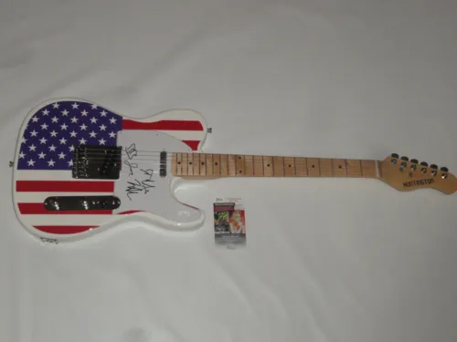 RISE AGAINST SIGNED USA FLAG ELECTRIC GUITAR TIM MCILRATH ALL 4 PROOF JSA COA COLLECTIBLE MEMORABILIA