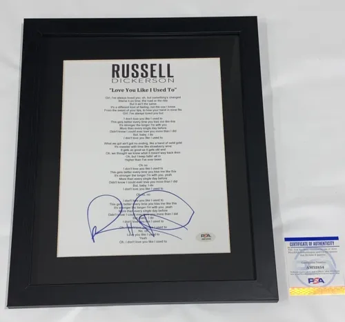 RUSSELL DICKERSON SIGNED FRAMED LOVE YOU LIKE I USED TO LYRIC SHEET PSA COA COLLECTIBLE MEMORABILIA