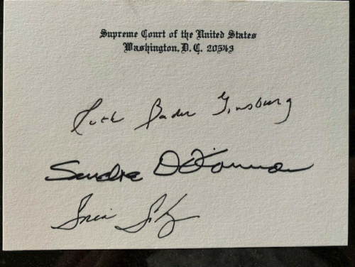 RUTH BADER GINSBURG+SANDRA DAY O'CONNOR+SOTOMAYOR SIGNED SC CARD JSA LETTER