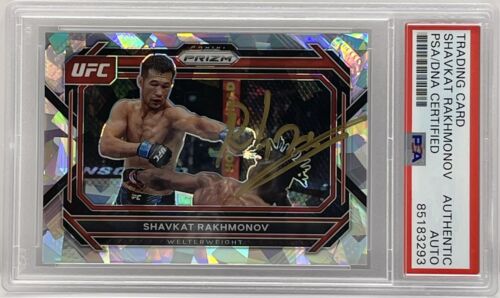 SHAVKAT RAKHMONOV SIGNED 2023 PRIZM SILVER CRACKED ICE CARD PSA/DNA SLABBED UFC COLLECTIBLE MEMORABILIA