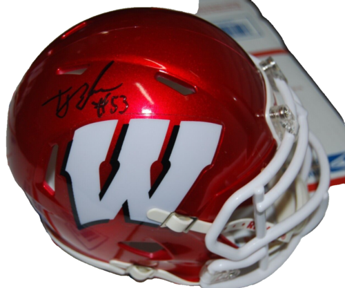 T.J. EDWARDS SIGNED (WISCONSIN BADGERS) MINI FOOTBALL HELMET PSA/DNA AN42555 COLLECTIBLE MEMORABILIA