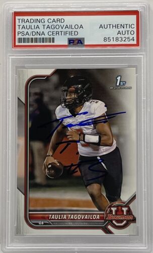 TAULIA TAGOVAILOA SIGNED 2022 BOWMAN U 1ST ROOKIE CARD PSA/DNA SLABBED MARYLAND COLLECTIBLE MEMORABILIA