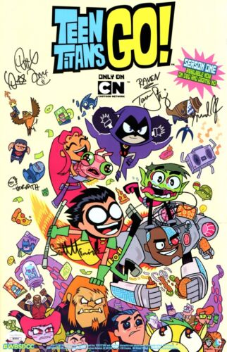 TEEN TITANS GO! CAST SIGNED AUTOGRAPH 11X17 POSTER MENVILLE CIPES +4 JSA XX76740 COLLECTIBLE MEMORABILIA