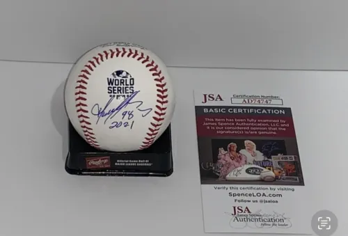 TOMAS PEREZ SIGNED 2021 WORLD SERIES BASEBALL ATLANTA BRAVES W/INSCRIPT JSA COA COLLECTIBLE MEMORABILIA