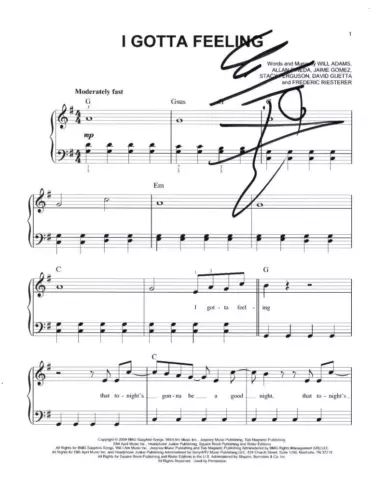 WILL I AM BLACK EYED PEAS SIGNED AUTOGRAPH I GOTTA FEELING SHEET MUSIC THE E.N.D COLLECTIBLE MEMORABILIA