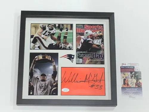 WILLIE MCGINEST SIGNED 12X12 FRAMED PYLON COLLAGE NEW ENGLAND PATRIOTS JSA COA