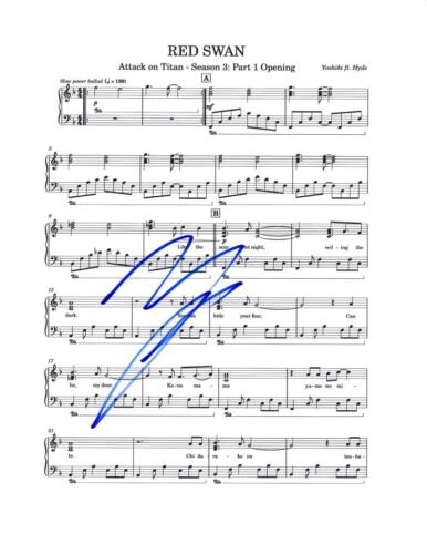 Yoshiki Hayashi X Japan Signed Autograph Red Swan Sheet Music - Attack on Titan