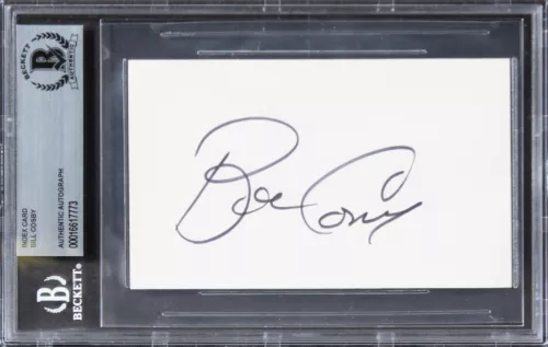BILL CROSBY THE COSBY SHOW AUTHENTIC SIGNED 3×5 INDEX CARD BAS SLABBED COLLECTIBLE MEMORABILIA
