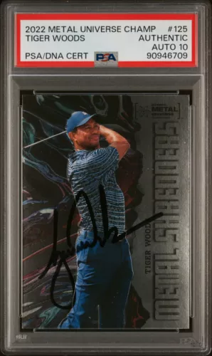 TIGER WOODS SIGNED 2022 SKYBOX METAL UNIVERSE CHAMPIONS METAL #125 GOLF CARD COLLECTIBLE MEMORABILIA