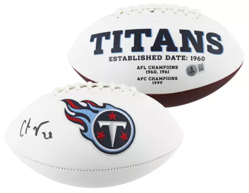 TITANS CHRIS JOHNSON SIGNED RAWLINGS WHITE PANEL LOGO FOOTBALL BAS WITNESSED COLLECTIBLE MEMORABILIA