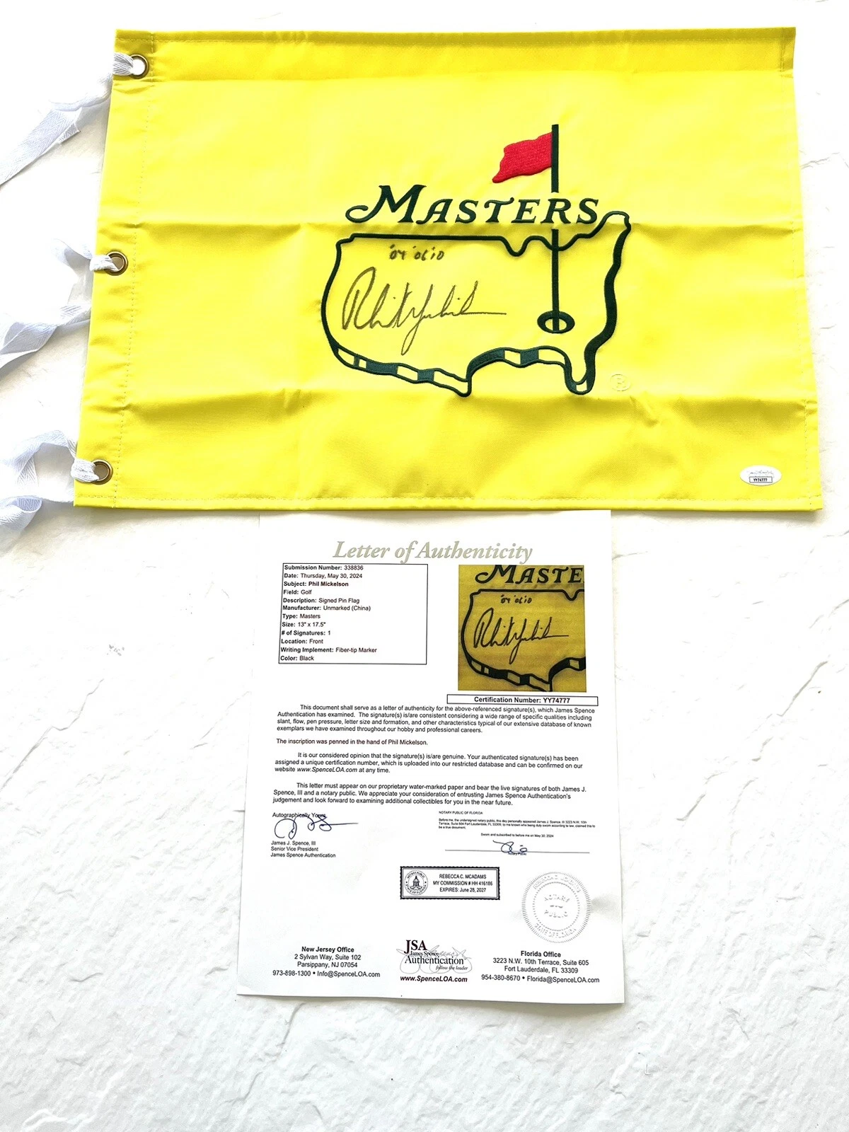 PHIL MICKELSON Hand Signed Undated MASTERS Pin Flag 3X Inscribed JSA CERT #1