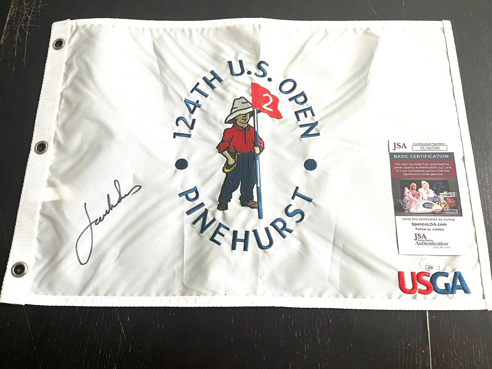 JORDAN SPIETH HAND SIGNED 2024 PINEHURST US OPEN PIN FLAG JSA CERT #3