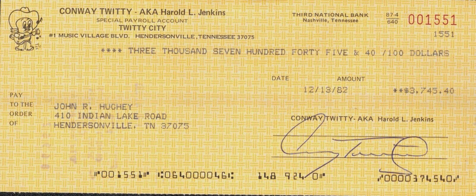 CONWAY TWITTY Signed Autograph Check JSA 261 Made to John Hughey, Steel Player