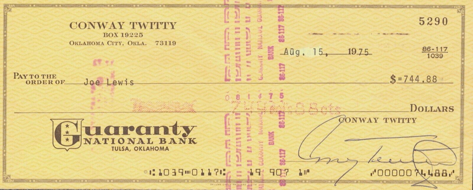 CONWAY TWITTY Signed Autograph Check JSA COA 260 Paid to Joe Lewis, Bass Player