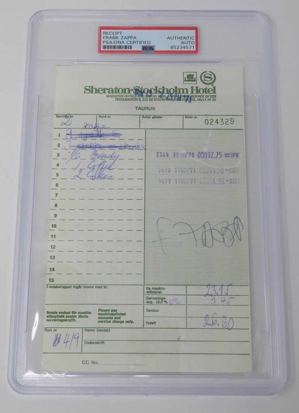 FRANK ZAPPA Signed Autograph Auto 1971 Receipt Slab PSA JSA