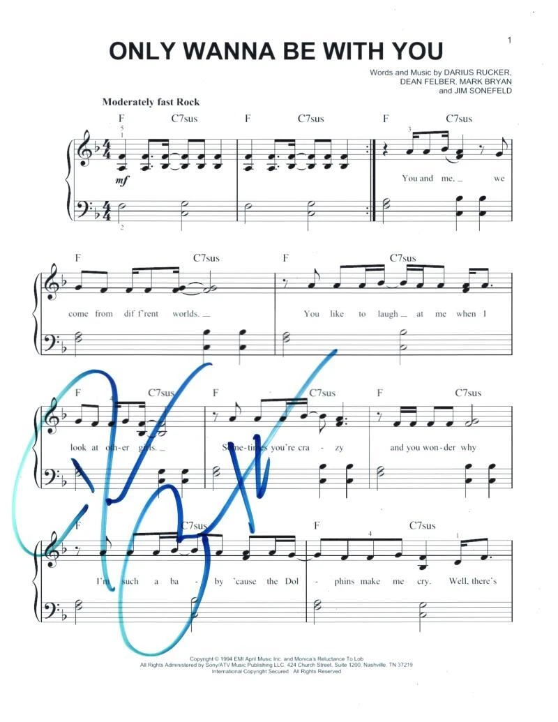 Darius Rucker HootieBlowfish Signed Autograph Only Wanna Be With You Sheet Music