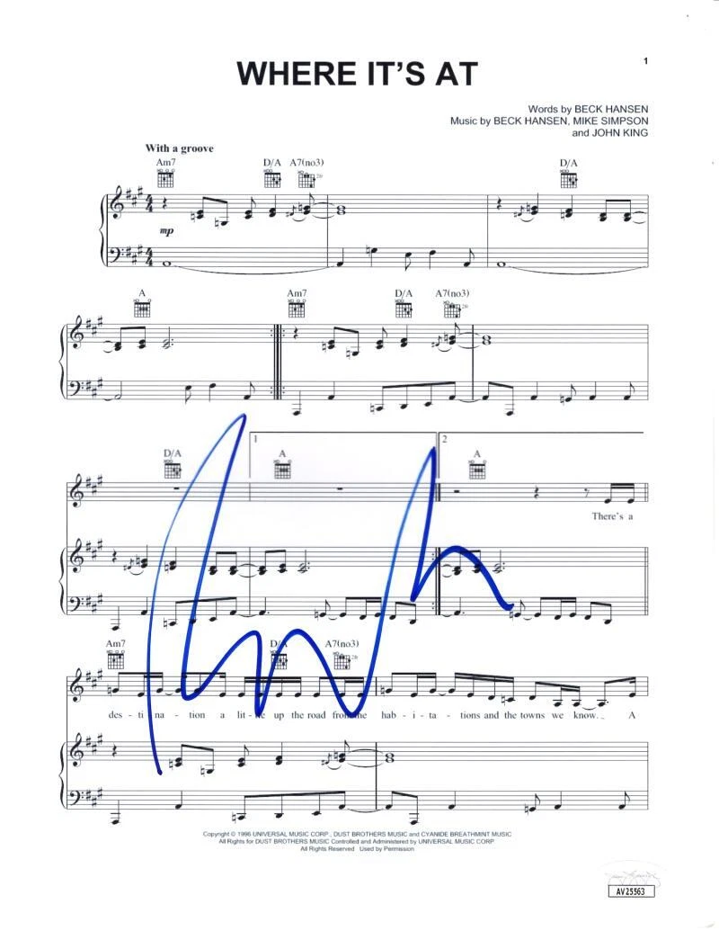 Beck Hansen Signed Autograph Where's It At Sheet Music - Odelay w/ JSA COA