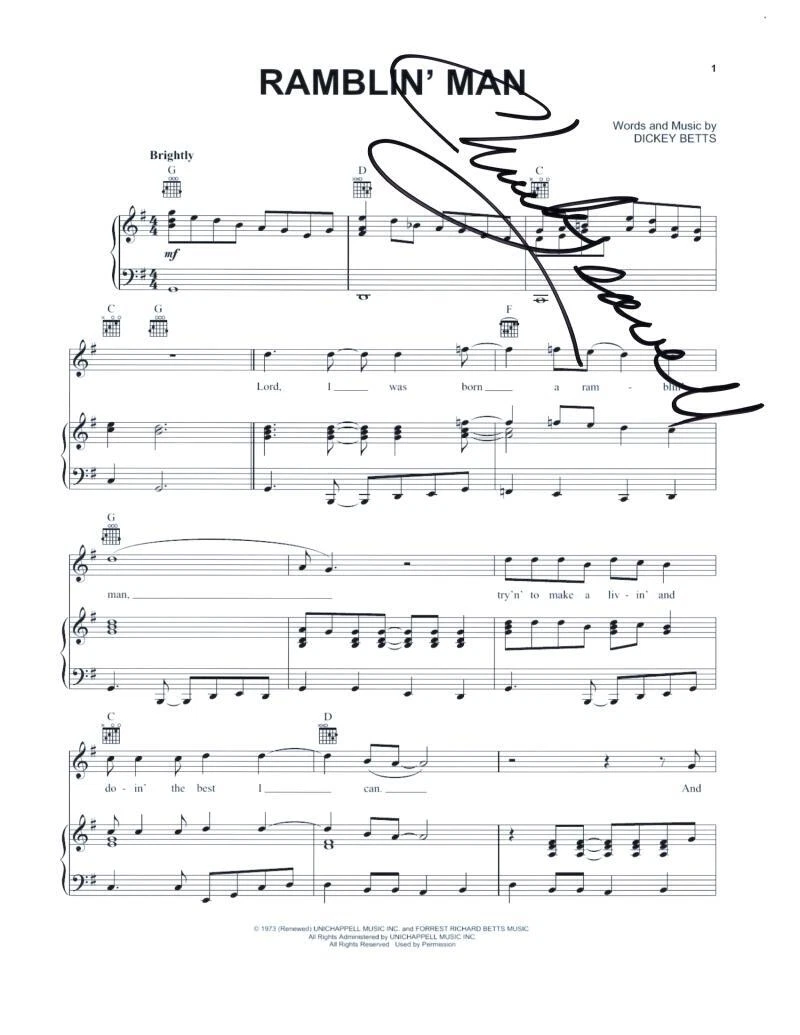 Chuck Leavell Signed Autograph Ramblin' Man Sheet Music - Allman Brothers Band