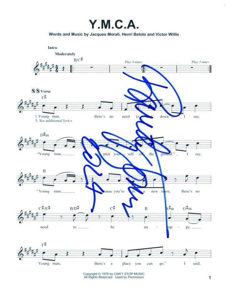 Randy Jones Signed Autograph Y.M.C.A. YMCA Sheet Music - Village People Cowboy