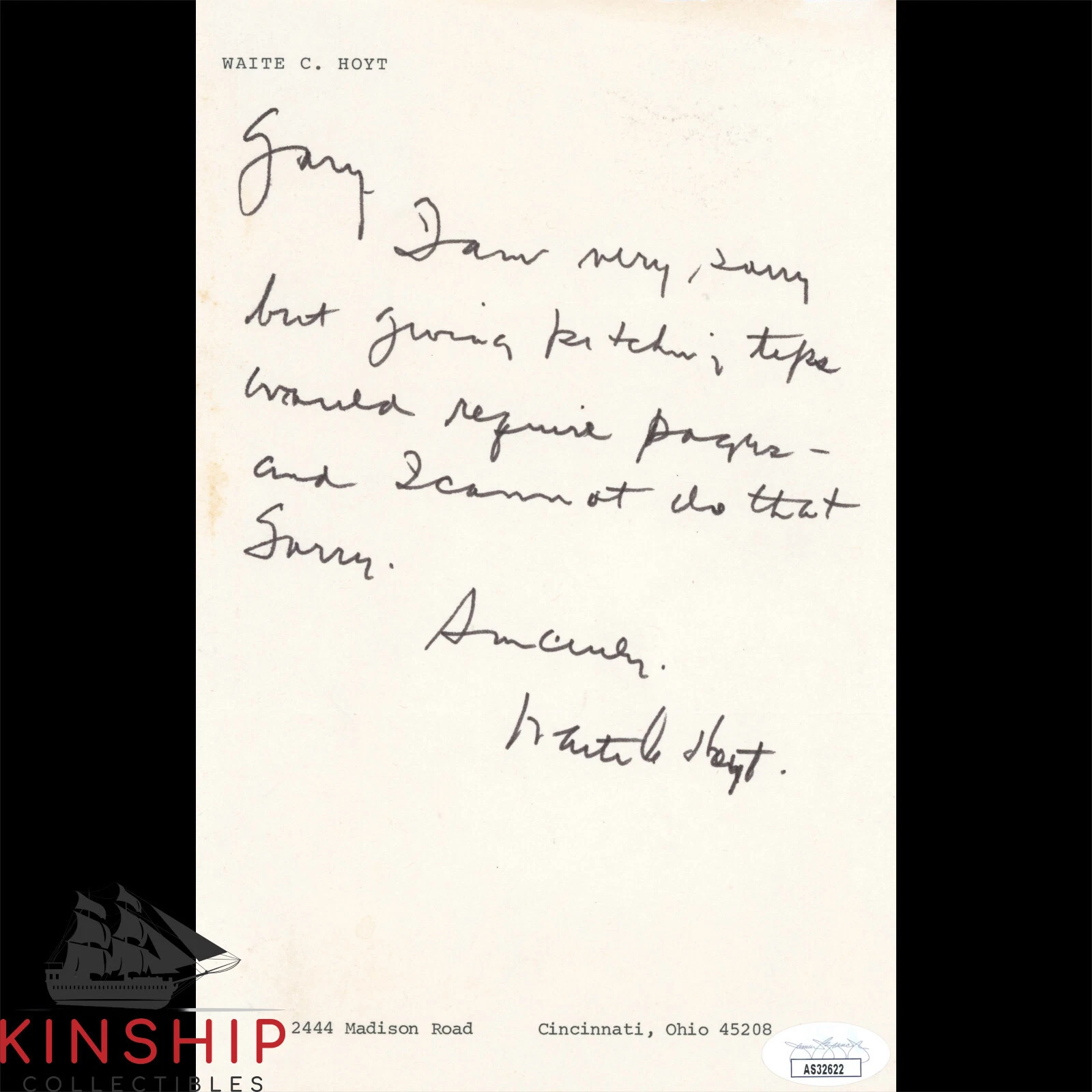 Waite Hoyt signed Handwritten Letter JSA COA Yankees HOF Inscribed Auto Z1759