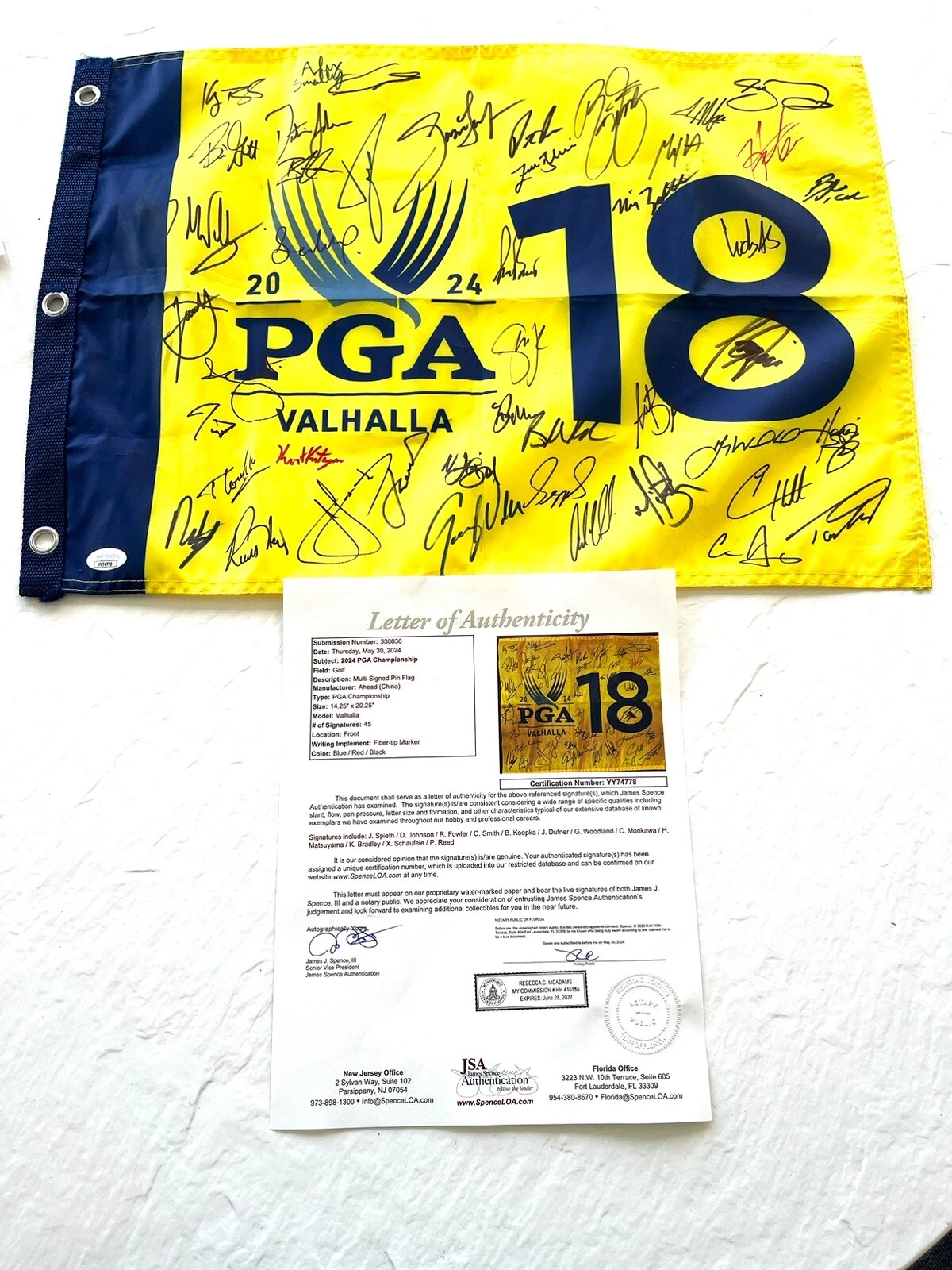 2024 PGA Championship Signed Field Flag Major Spieth Fowler Xander JSA LOA