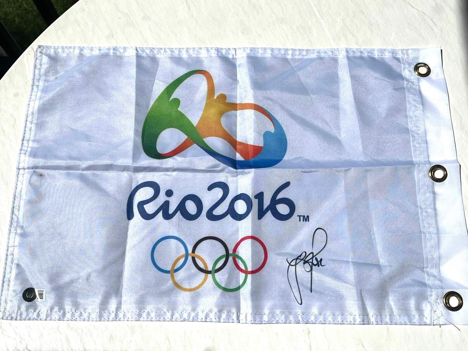 Justin Rose Signed 2016 Rio Olympics Pin Flag Gold Medal Golf Beckett BAS Cert