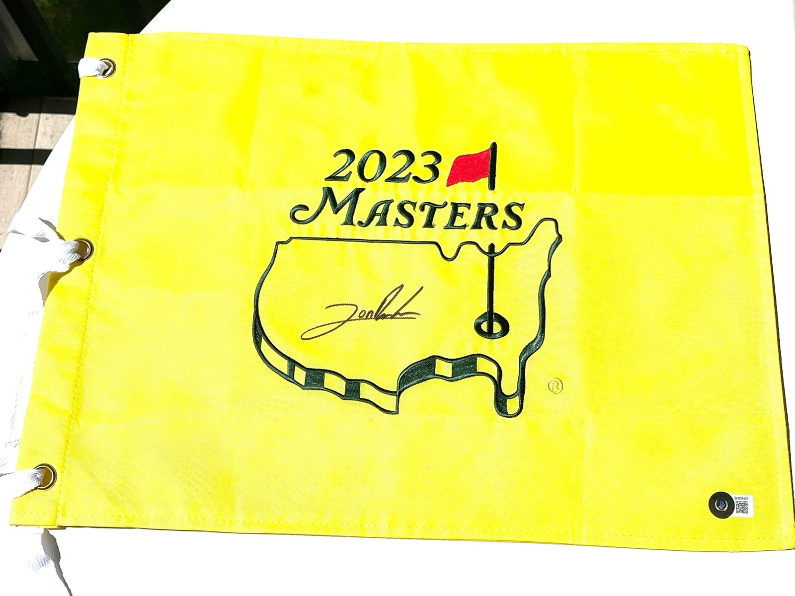 Jon Rahm Hand Signed 2023 Augusta National Masters Flag PGA Beckett Cert BAS #1