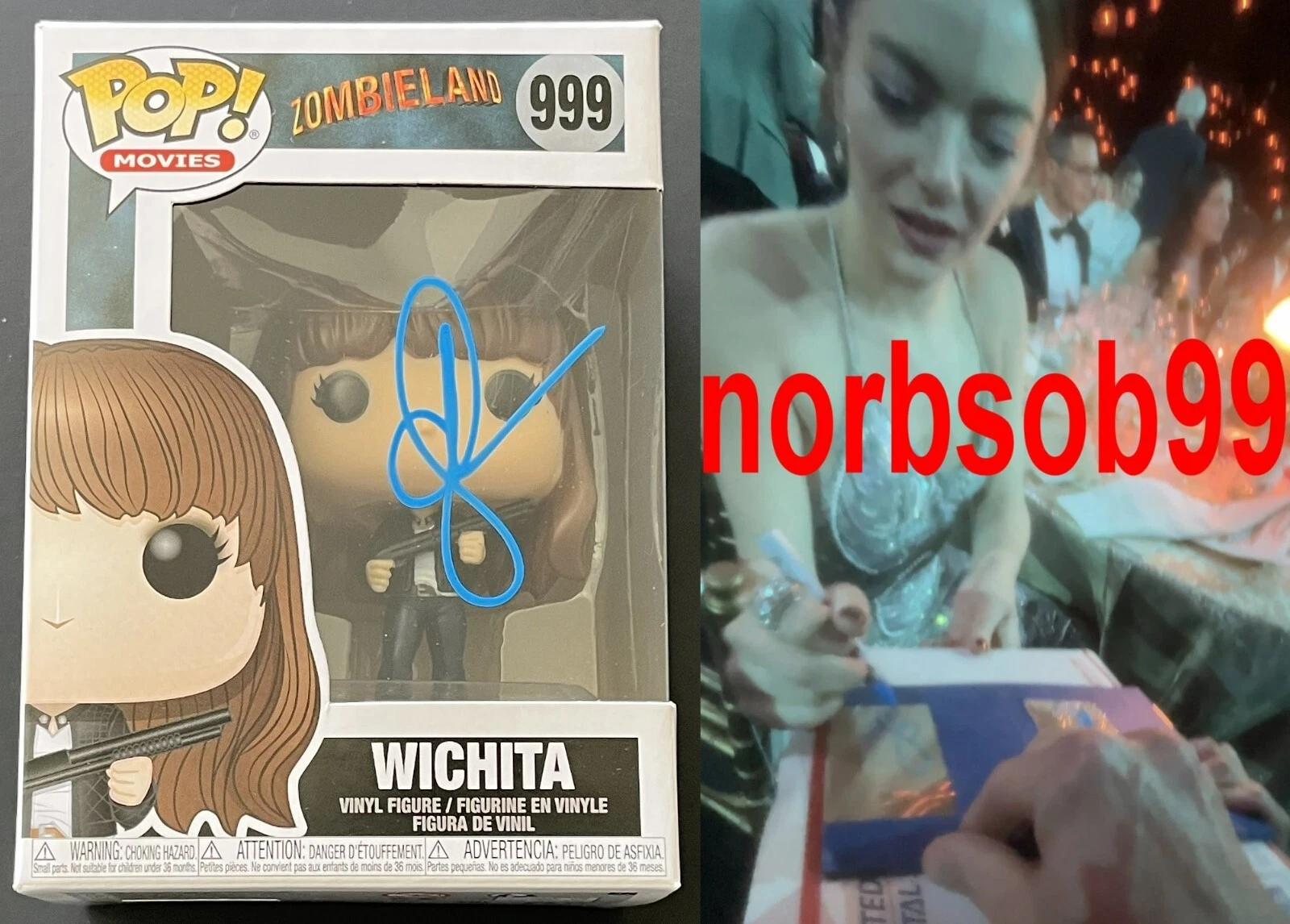 EMMA STONE SIGNED ZOMBIELAND WICHITA FUNKO #999 w/EXACT PROOF & BECKETT BAS COA