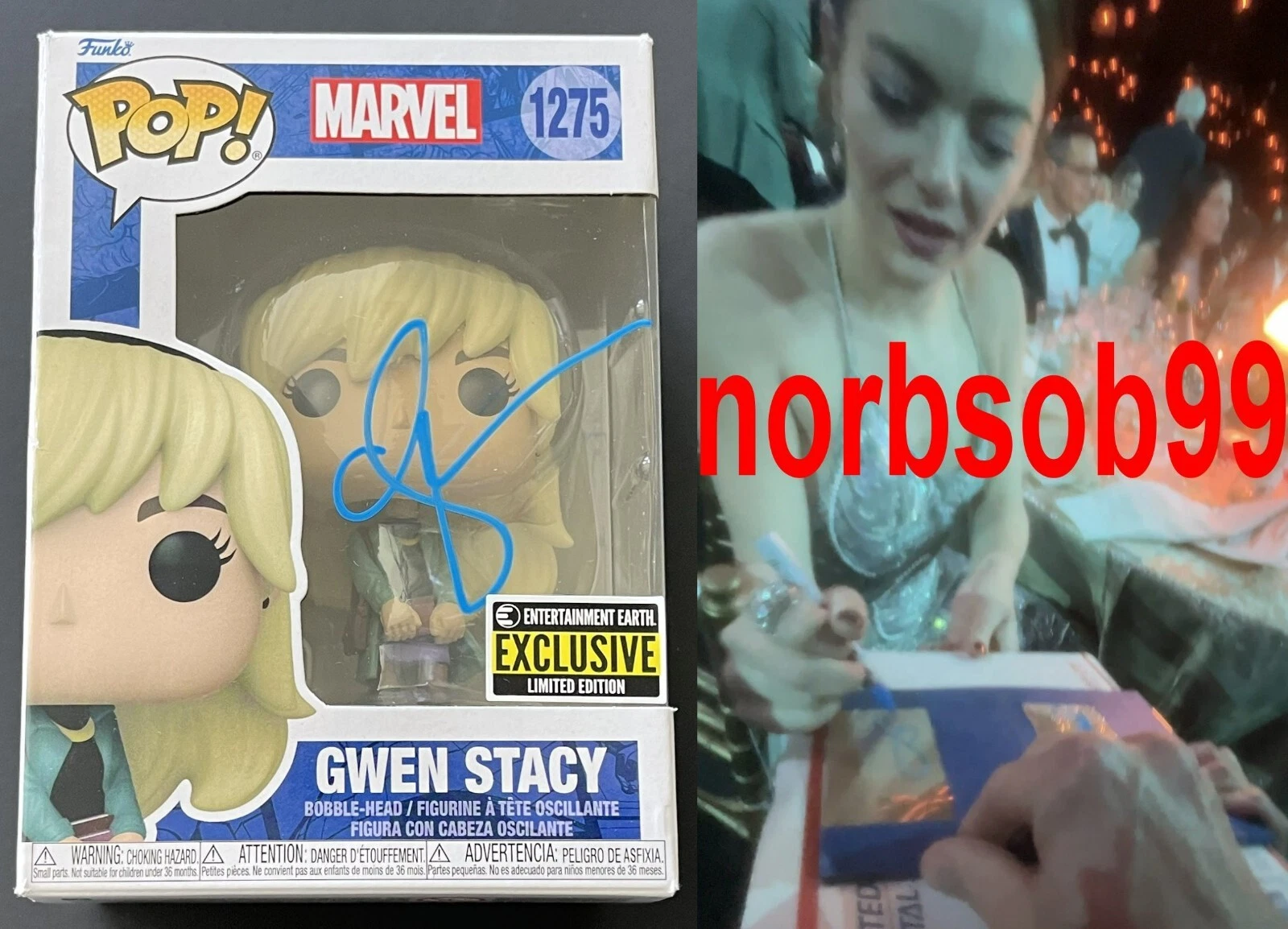 EMMA STONE SIGNED SPIDERMAN GWEN STACY FUNKO #1275 w/EXACT PROOF & BECKETT COA