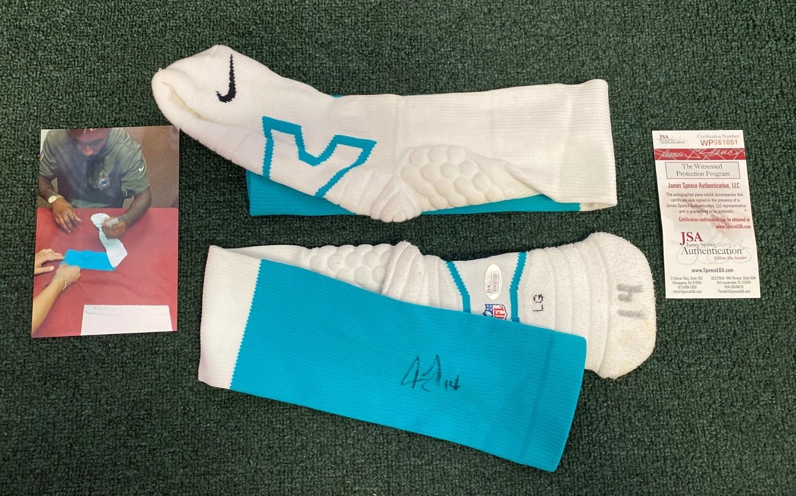 JARVIS LANDRY MIAMI DOLPHINS SIGNED AUTOGRAPHED GAME ISSUED SOCKS JSA PROOF PIC