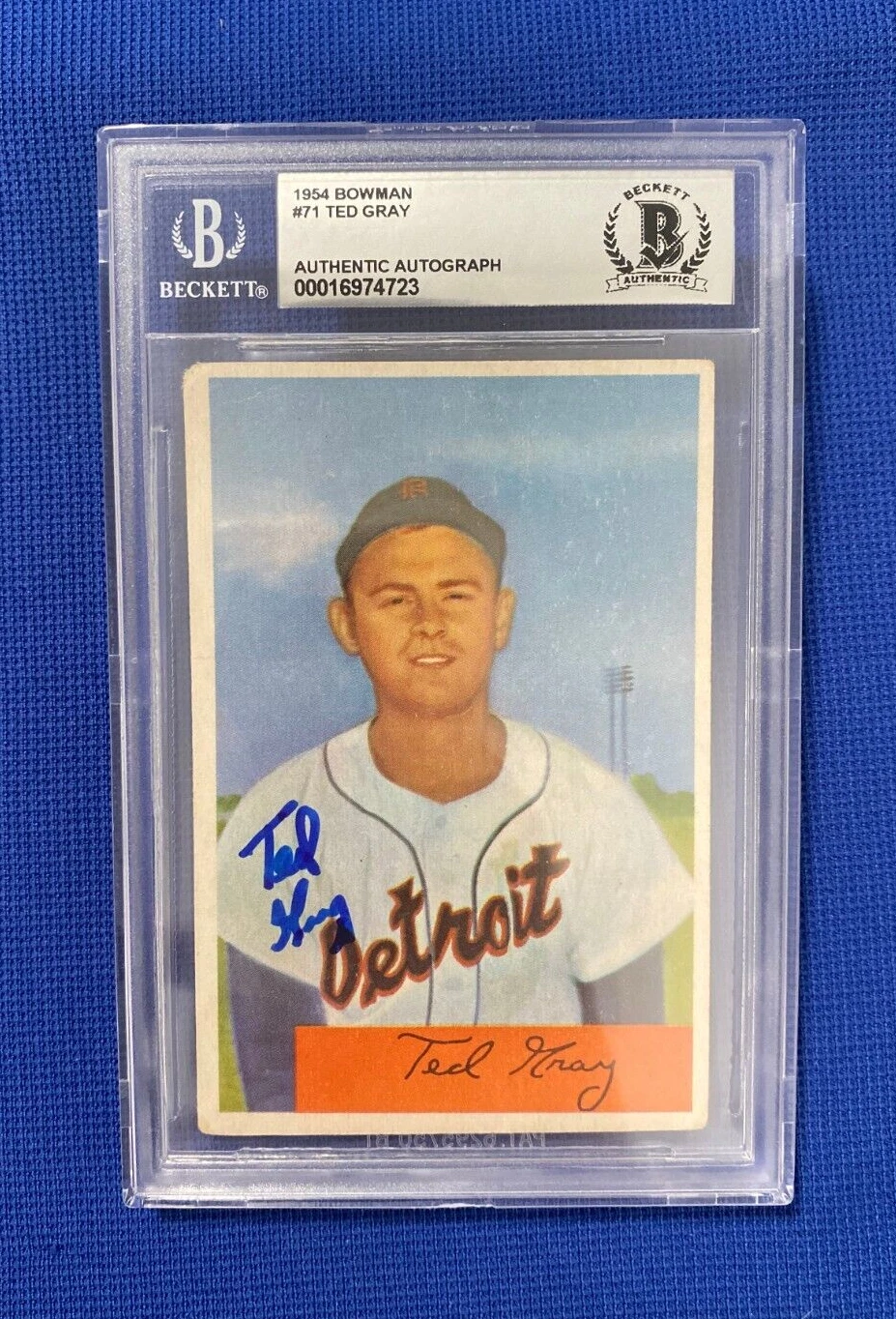 1954 BOWMAN TED GRAY TIGERS SIGNED AUTOGRAPHED AUTO #71 CARD BECKETT AUTH