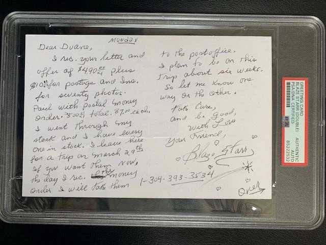 BLAZE STARR HAND SIGNED+HAND WRITTEN GREETING CARD VERY RARE PSA SLABBED